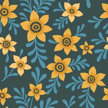 Simple vintage pattern. Cute yellow flowers. Green background. Fashionable pr Stock Illustration