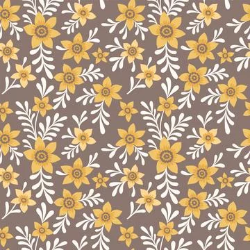 Simple vintage pattern. Cute yellow flowers. Brown background. Fashionable .. Stock Illustration