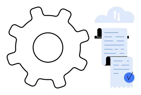 Simple visual of a gear next to cloud and documents highlights automation, cl Stock Illustration