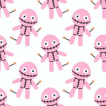 Simple voodoo doll hand drawn Halloween seamless pattern on white background Stock Illustration