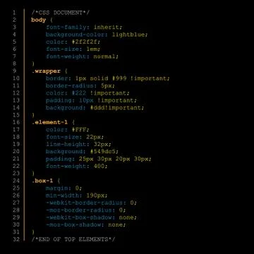 Simple website CSS code with colourful tags in editor page with dark background Stock Illustration