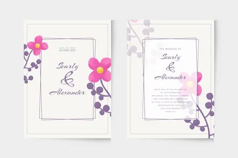 Simple wedding invitation template with pink floral watercolor ornament Stock Illustration