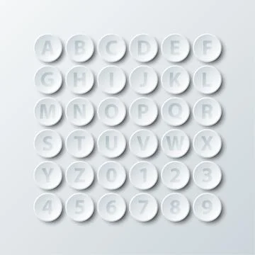 Simple white 3d circle paper of alphabet and number icon for vector design il Stock Illustration