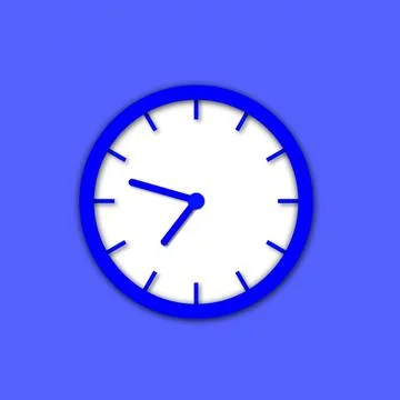 Simple white analog clock on a solid blue background Illustrazione stock