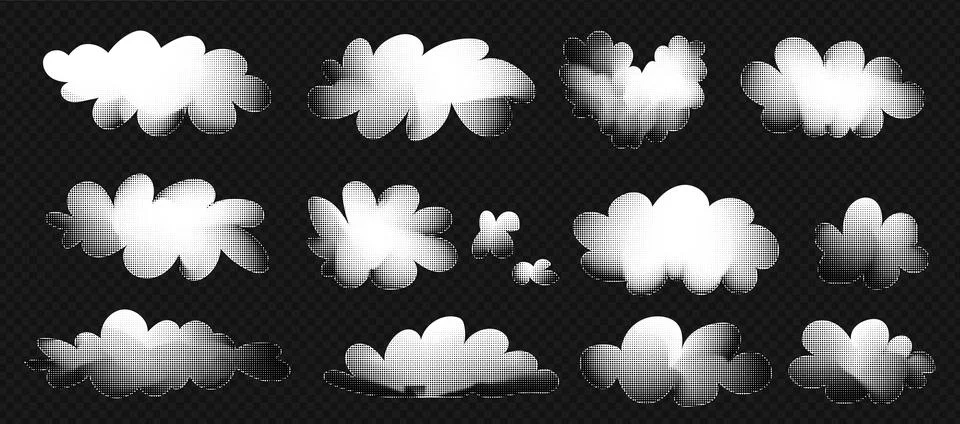 Simple white clouds with halftone texture set. Cute and kawaii elements 스톡 일러스트