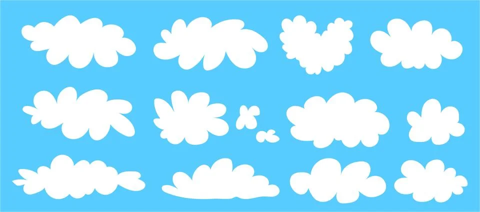 Simple white clouds set. Cute and kawaii elements collection on blue bg. Vector Illustrazione stock