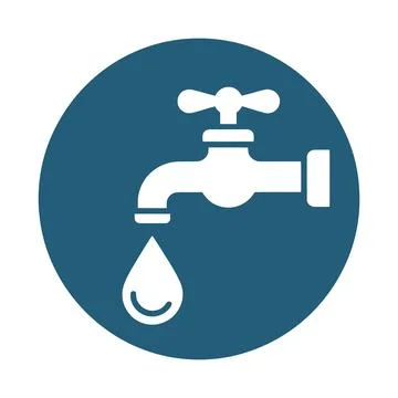 Simple white faucet icon with a single water droplet on a blue background Stock Illustration