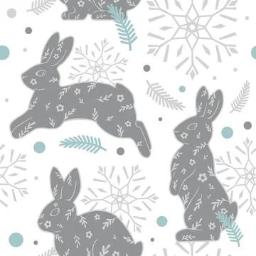 Simple white-gray seamless pattern of rabbits and snowflakes. Vector modern i Stockillustratie