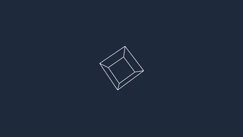 A simple white wireframe cube centered on a deep dark blue background Video stock 335117464