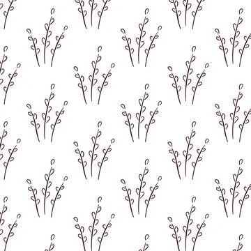 Simple willow seamless pattern in outline, line art style. Hand drawn background Stock Illustration