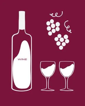 A simple wine illustration featuring a bottle, two glasses, and grapes on a deep Illustrazione stock