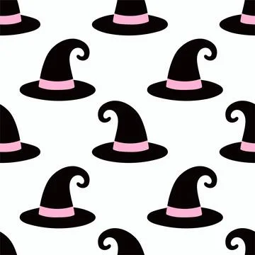 Simple witch hat hand drawn Halloween seamless pattern on white background Stock Illustration