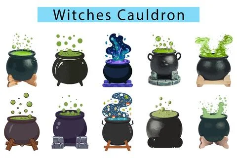 Simple witches cauldron with green bubbling potion, Witches Cauldron flames art Illustration