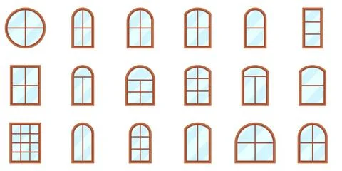 Simple Wood Arched Window Frame Flat Icon Set Stock Illustration