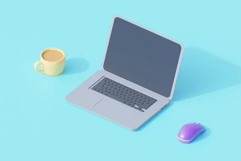 Simple workspace with laptop mouse and glass of coffee. 3d render illustratio イラスト素材