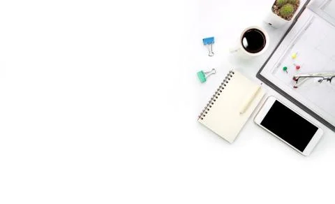 Simple workspace technology white table with laptop computer, coffee cup Stock Photos