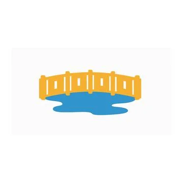 Simple yellow bridge over blue water graphic icon Stock Illustration