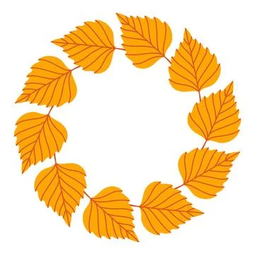 Simple yellow orange birch leaf circle frame. Cute wreath border of autumn Stock Illustration