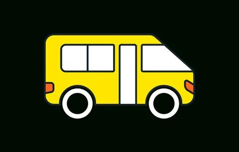 Simple yellow school bus icon on black background with public transport Ilustración de archivo