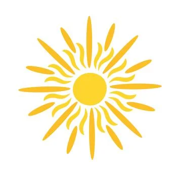 Simple yellow sun vector flat illustration with round shape middle and beams, Stock Illustration