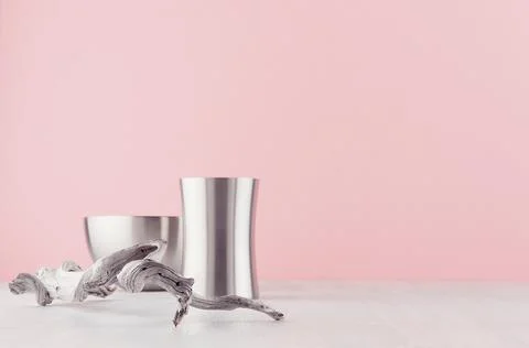 Simplicity elegant home decor with silver elegant glossy bowl, vase, dried ba Stock Photos