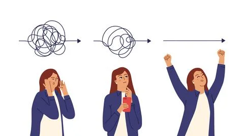 Simplicity process. Girl simplifies matter, thoughtful business woman. Tired Stock Illustration