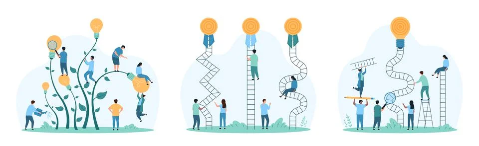 Simplicity in solutions, solving problems set, tiny people climb stairs to goal Stock Illustration