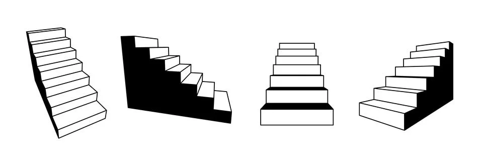 Simplified 3d stairway set. Linear staircase in different perspective. Black and Stock Illustration