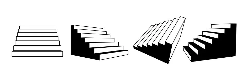 Simplified 3d stairways set. Linear staircase in different perspective. Black Stock Illustration