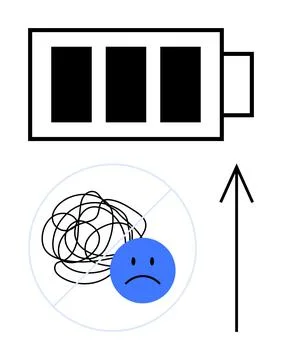 Simplified battery icon above scribbled mind with a sad face, showing trans.. Stock Illustration