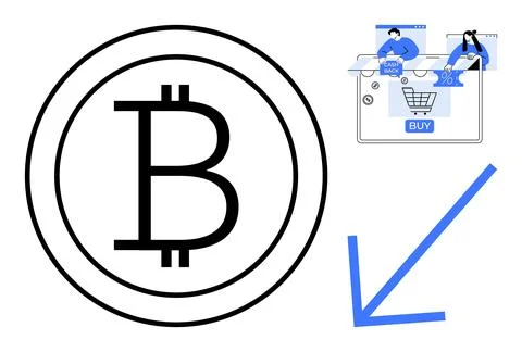 Simplified Bitcoin Symbol with E-commerce Elements and Blue Arrow Illustrat.. 스톡 일러스트