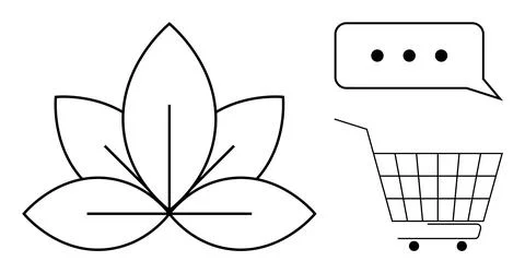 Simplified black and white design with a lotus flower, speech bubble, and sho Stock Illustration