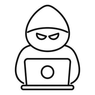 Simplified black line icon of a hacker working on a laptop, representing cyber Stock-Illustration