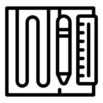 Simplified black linear icon of a closed notebook with a pen and a ruler 库存插图