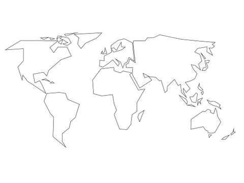 Simplified black outline of world map divided to six continents. Simple flat Stock Illustration