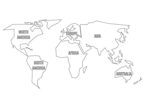 Simplified black outline of world map divided to six continents. Simple flat Stock Illustration