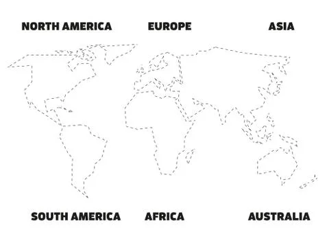 Simplified black outline of world map divided to six continents. Simple flat Stock Illustration