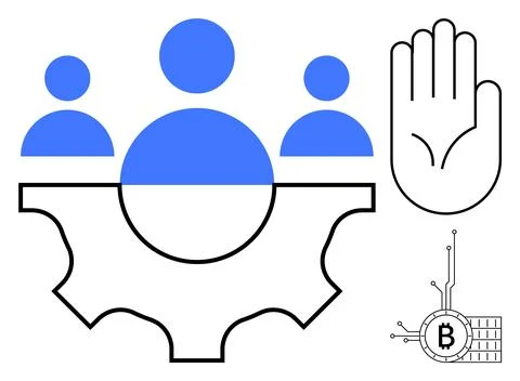 Simplified Blockchain Technology Concept with People Icons and Bitcoin Symbol Illustrazione stock