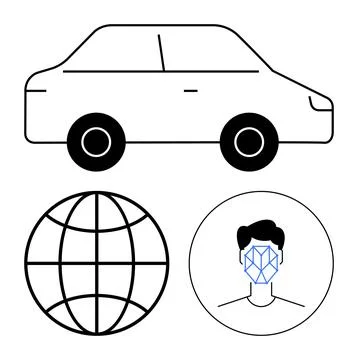 Simplified car icon, globe representing global connectivity, and biometric fa Stock Illustration