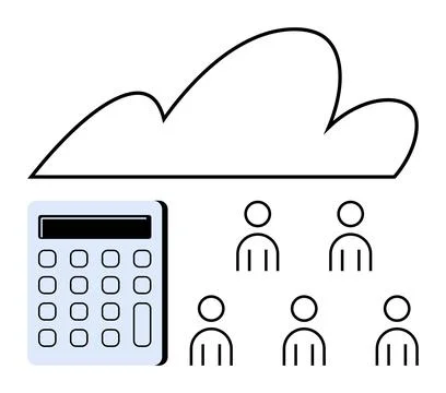 Simplified Cloud Computing Concept with Calculator and Teamwork Representatio Stock Illustration
