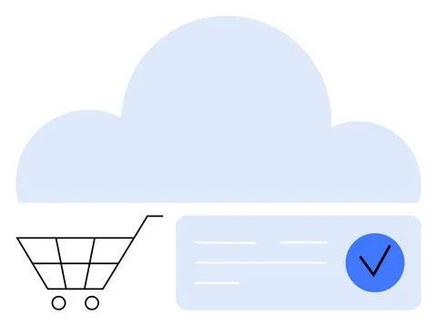 Simplified concept of cloud-based shopping with a digital cart and checkmark Illustrazione stock