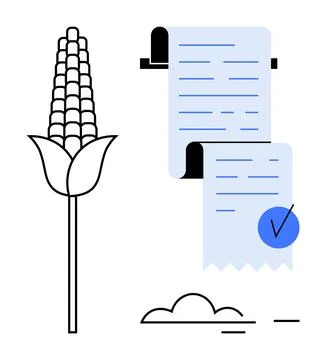 Simplified Corn Plant and Document with Blue Check Mark Ilustración de archivo