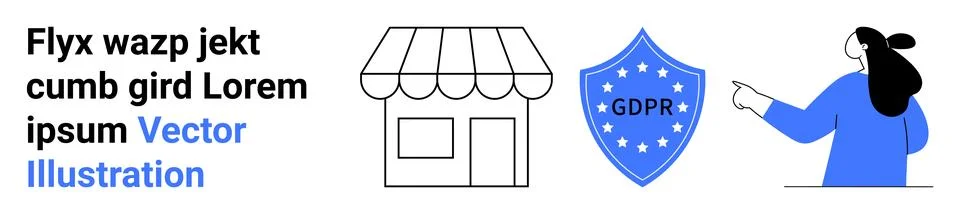 A simplified design featuring a storefront, a GDPR shield, and a person point Stock Illustration