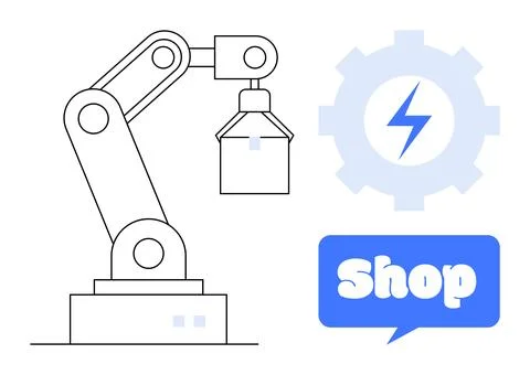 Simplified design of a robotic arm holding a box next to a gear with a lightn Stock Illustration