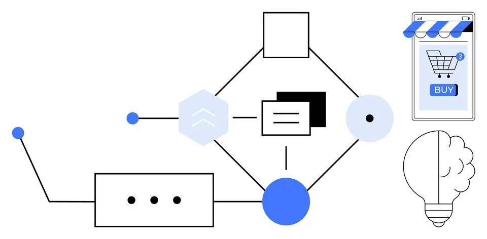 Simplified diagram showing a flowchart with various connected shapes and a sh 스톡 일러스트