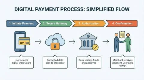 Simplified digital payment process flow with four distinct steps Stock Illustration