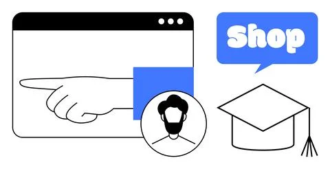 Simplified drawing of a pointing hand inside a browser window, a person avata Stock Illustration