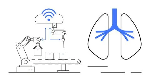 Simplified drawing of a robotic arm on a production line, connected to cloud  Stock Illustration