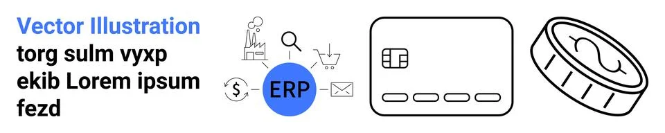 Simplified Elements of E-commerce Shopping Cart, ERP, Credit Card, Coin 库存插图