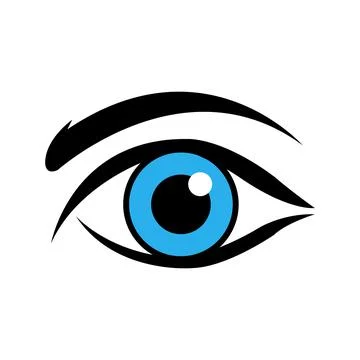 A simplified eye with blue iris and black lashes is featured on white backg.. Stock Illustration